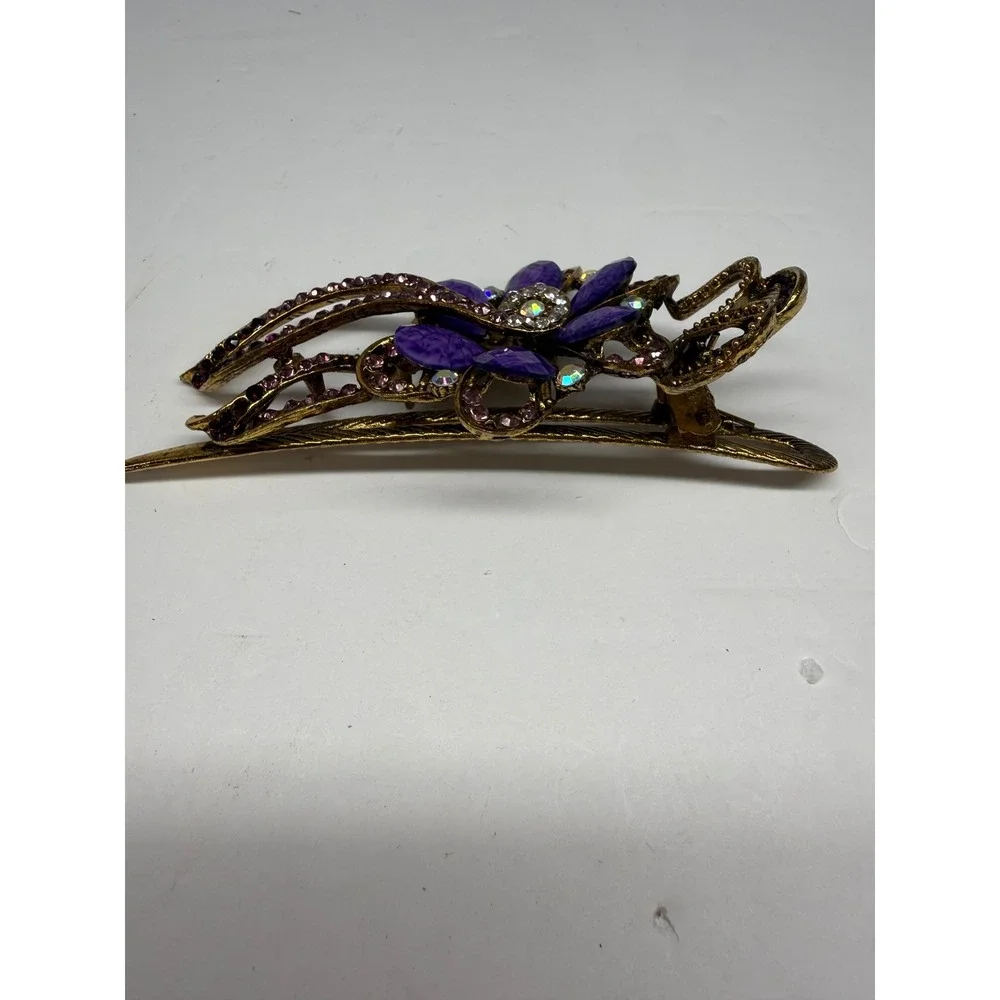 Vintage Style Purple Floral Hair Clip Gold Tone Rhinestone Crystal Barrette